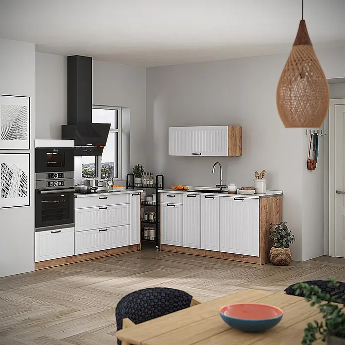 Vicco Küchenzeile - Breite: 340 cm, Weiß Landhaus, Ohne Elektrogeräte - Weiße Küchenschränke mit Holz Akzenten und integrierten Geräten in einer modernen Küche.