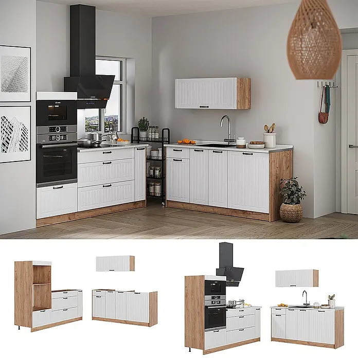 Vicco Küchenzeile - Breite: 340 cm, Weiß Landhaus, Ohne Elektrogeräte - Modulare Küche in Weiß und Holzoptik mit integriertem Backofen, Kochfeld und Dunstabzugshaube im modernen Küchenambiente.