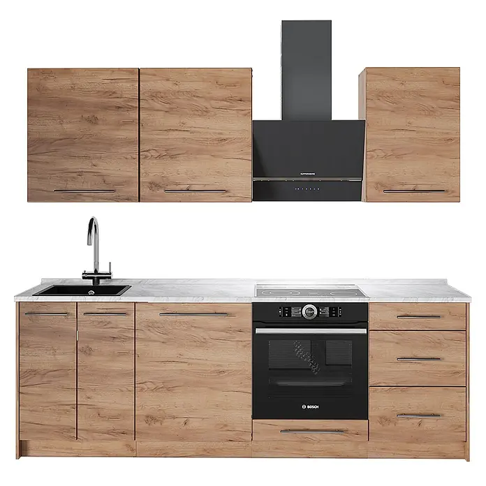 Vicco Küchenzeile - Breite: 230 cm, Goldkraft Eiche, Ohne Elektrogeräte - Helle Holzküche mit Oberschränken, Spüle, schwarzem Kochfeld, Backofen und Dunstabzugshaube.