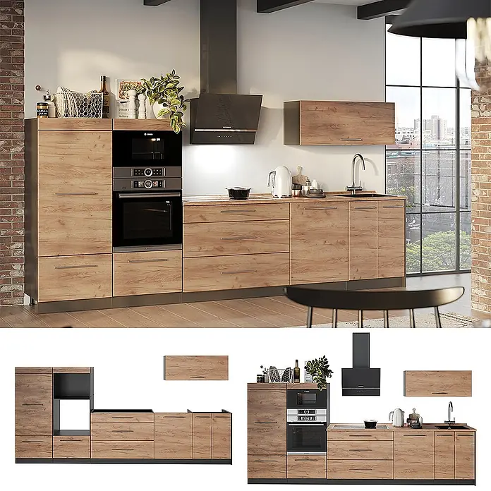 Vicco Küchenzeile - Breite: 340 cm, Goldkraft Eiche, Ohne Elektrogeräte - Moderne Modulküche in hellem Holzdekor mit dunkelgrauen Akzenten und integrierten Geräten in einer Küchenumgebung.
