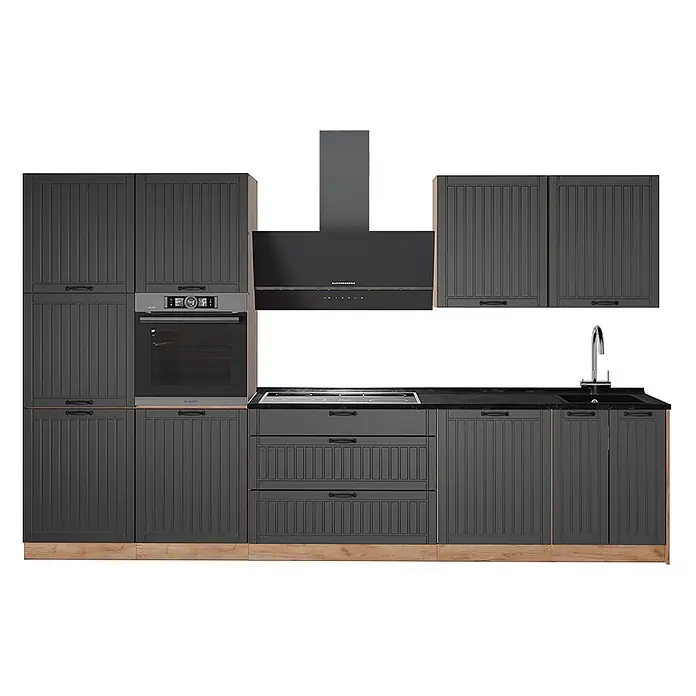 Vicco Küchenzeile - Breite: 340 cm, Dunkelgrau, Ohne Elektrogeräte - Dunkelgraue Küchenschränke mit gerilltem Design, integriertem Backofen, Kochfeld, Dunstabzugshaube, Spüle und hellem Holzsockel.
