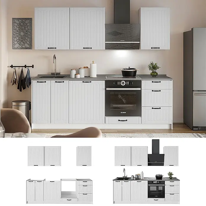 Vicco Küchenzeile - Breite: 230 cm, Weiß Landhaus, Ohne Elektrogeräte - Weiße Küchenschrank-Garnitur mit grauer Arbeitsplatte und schwarzen Griffen in einer modernen Küche.