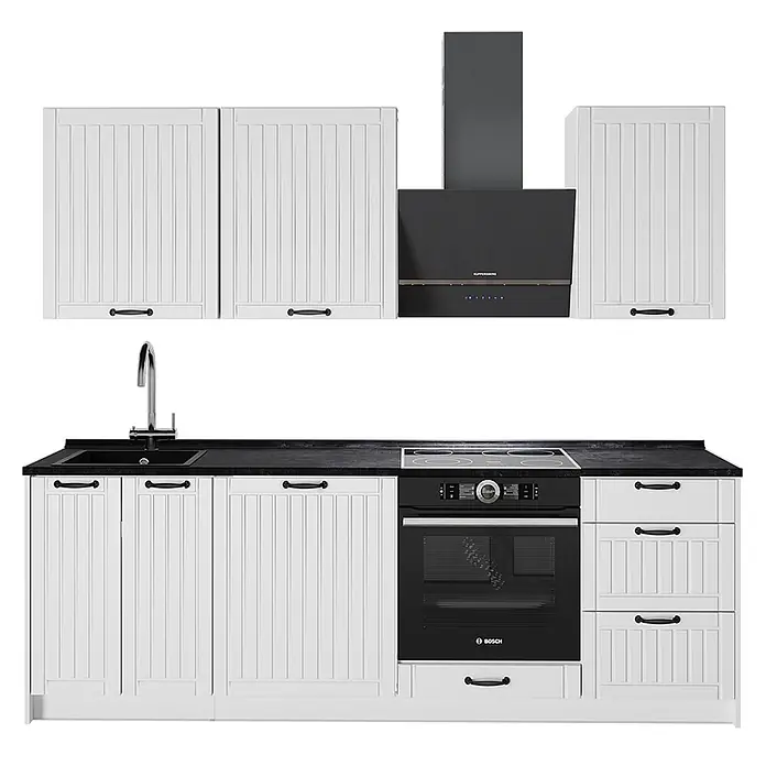 Vicco Küchenzeile - Breite: 230 cm, Weiß Landhaus, Ohne Elektrogeräte - Weißes Küchenset mit Paneeldetails, schwarzer Arbeitsplatte, Spüle, Induktionskochfeld, Einbauofen und passender Dunstabzugshaube.
