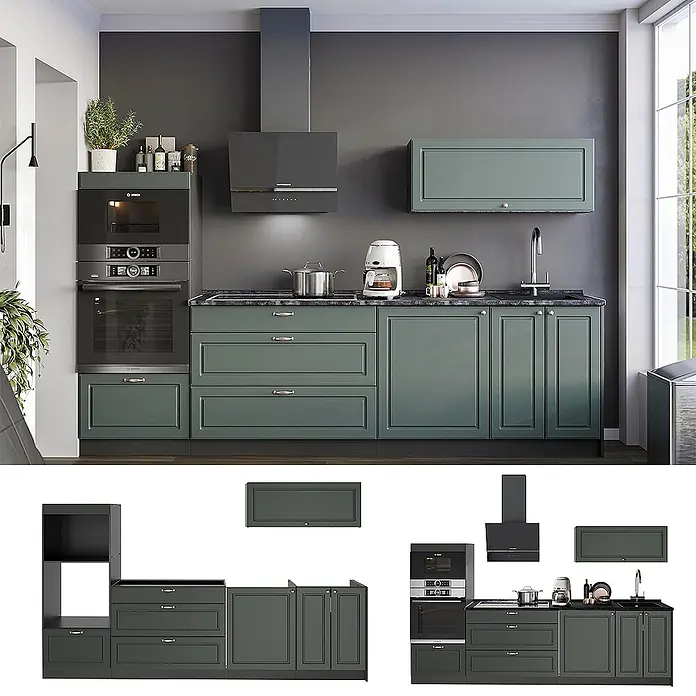 Vicco Küchenzeile - Breite: 280 cm, Grün-Gold Landhaus, Ohne Elektrogeräte - Moderne dunkelgrüne Küche mit Einbauofen, Mikrowelle und Dunstabzugshaube, dunklen Arbeitsplatten und silbernen Griffen.