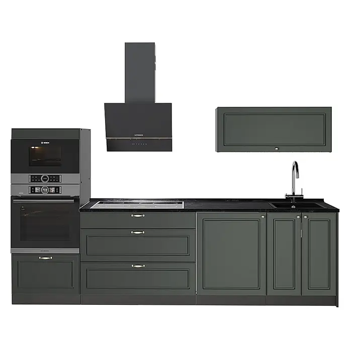 Vicco Küchenzeile - Breite: 280 cm, Grün-Gold Landhaus, Ohne Elektrogeräte - Dunkelgraue modulare Einbauküche mit Backofen, Mikrowelle, Kochfeld, Spüle und Dunstabzugshaube sowie Schränken und Schubladen.