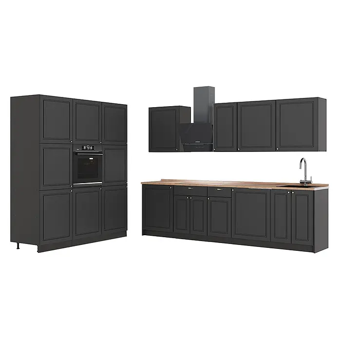 Vicco Küchenzeile - Breite: 460 cm, Anthrazit-Gold Landhaus, Ohne Elektrogeräte - Dunkelgraue modulare Küche mit Holz-Arbeitsplatte, integriertem Backofen, Dunstabzugshaube und Spüle.