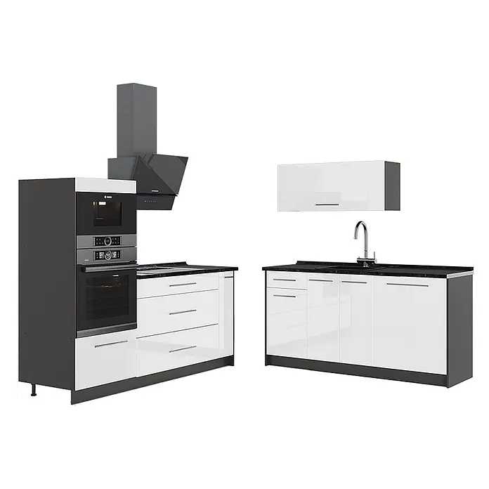 Vicco Küchenzeile - Breite: 340 cm, Weiß Hochglanz, Ohne Elektrogeräte - Moderne Küchenzeile mit weißen Hochglanzschränken, dunklen Rahmen, schwarzen Arbeitsplatten, integrierten Bosch-Geräten und Spüle.