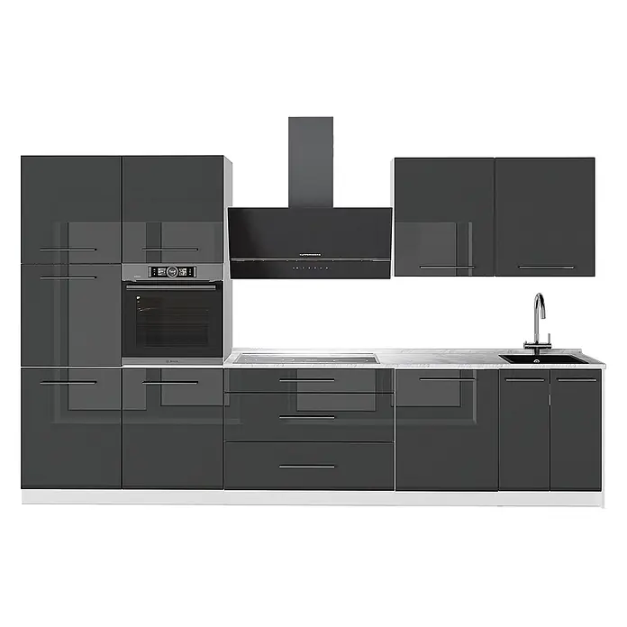 Vicco Küchenzeile - Breite: 340 cm, Anthrazit Hochglanz, Ohne Elektrogeräte - Moderne dunkelgraue Hochglanz-Küchenzeile mit integriertem Backofen, Kochfeld, Spüle und Dunstabzugshaube.