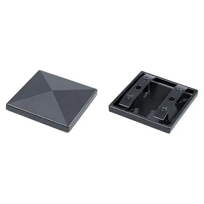 Deutsche Zauntechnik Pfostenkappe Alu Torpfosten - Aluminium, Passend für: Doppelstabmattenzäune, Anhrazitgrau, 8 x 8 cm - Dunkelgraue quadratische Pfostenkappe, oben pyramidenförmig, mit Montagehalterungen unten.