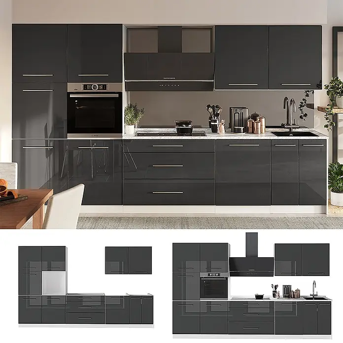 Vicco Küchenzeile - Breite: 340 cm, Anthrazit Hochglanz, Ohne Elektrogeräte - Moderne dunkelgraue Hochglanz-Küchenzeile mit integriertem Ofen, Dunstabzugshaube und Spüle.