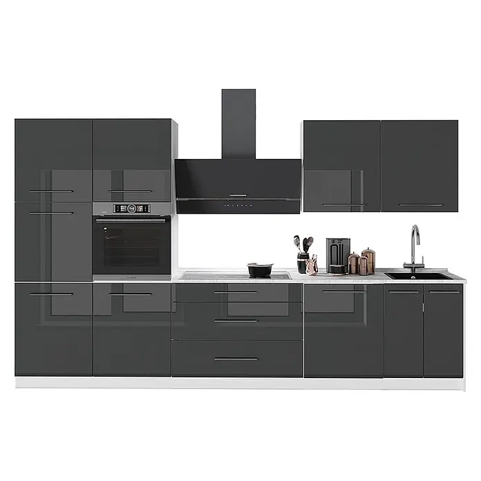 Vicco Küchenzeile - Breite: 340 cm, Anthrazit Hochglanz, Ohne Elektrogeräte - Moderne, hochglänzende dunkelgraue Küchenzeile mit integriertem Backofen, Kochfeld, Spüle und Dunstabzugshaube.