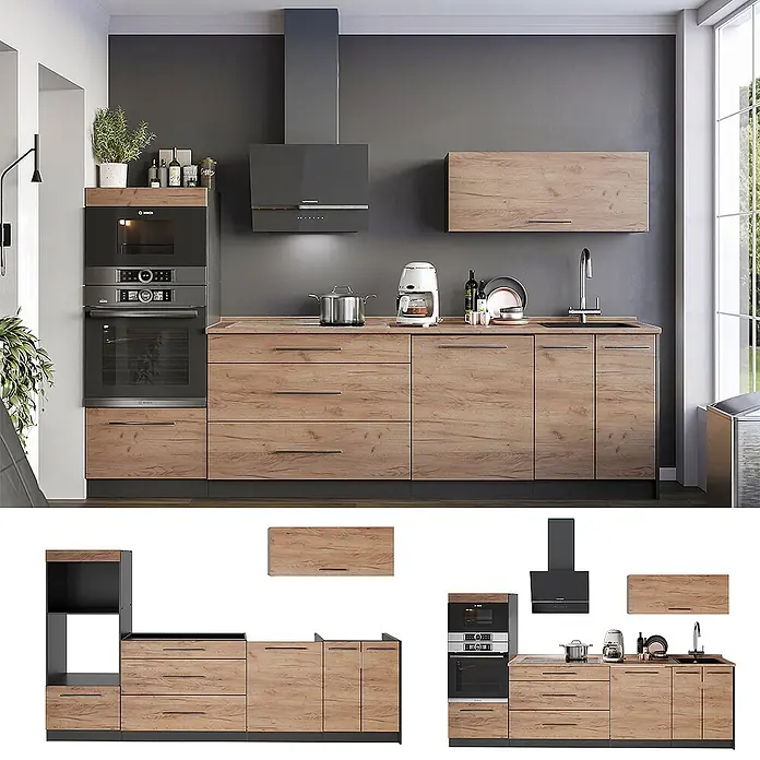 Vicco Küchenzeile - Breite: 280 cm, Goldkraft Eiche, Ohne Elektrogeräte - Moderne Küche mit Holzoptik-Schränken, dunkelgrauem Sockel und Einbaugeräten wie Backofen, Kochfeld und Dunstabzugshaube.