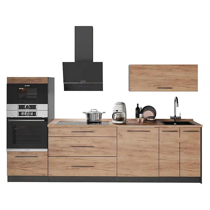 Vicco Küchenzeile - Breite: 280 cm, Goldkraft Eiche, Ohne Elektrogeräte - Moderne modulare Küchenzeile mit hellen Holzmaserungsschränken und dunkelgrauen Geräten wie Backofen, Mikrowelle, Kochfeld, Spüle und Dunstabzugshaube.
