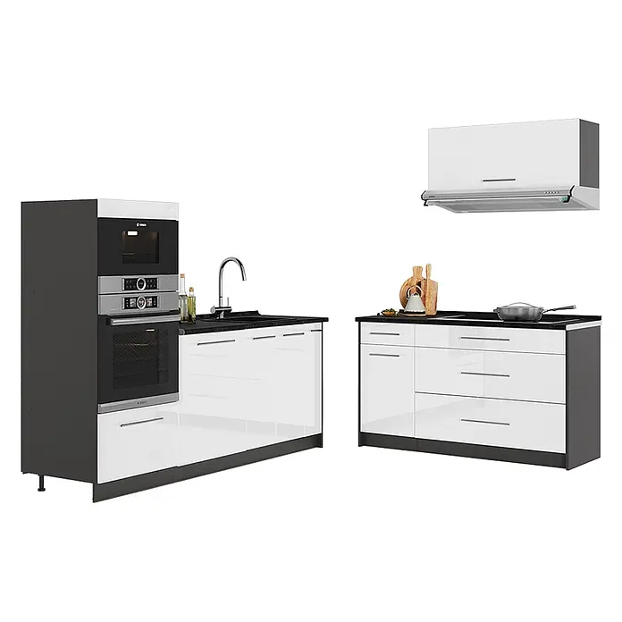 Vicco Küchenzeile - Breite: 340 cm, Weiß Hochglanz, Ohne Elektrogeräte - Moderne Küchenzeile mit weißen Hochglanzfronten, schwarzer Arbeitsplatte, integriertem Ofen, Mikrowelle, Spüle, Kochfeld und Dunstabzugshaube.