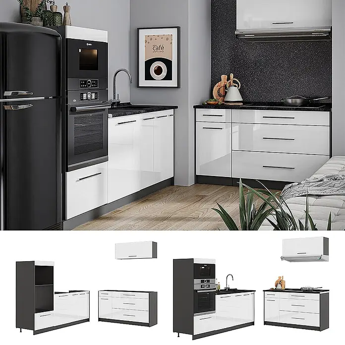 Vicco Küchenzeile - Breite: 340 cm, Weiß Hochglanz, Ohne Elektrogeräte - Moderne modulare Küchenmöbel in Weiß und Schwarz mit glänzenden Schränken, integrierten Geräten und schwarzen Arbeitsplatten.