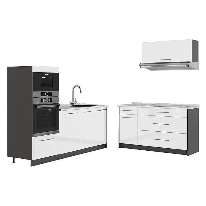 Vicco Küchenzeile - Breite: 340 cm, Weiß Hochglanz, Ohne Elektrogeräte - Moderne Küchenzeile mit weißen Hochglanzschränken, dunkelgrauem Rahmen, integriertem Backofen, Mikrowelle, Spüle, Kochfeld und Dunstabzugshaube.