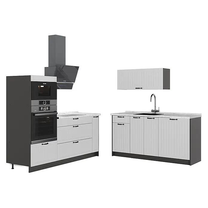 Vicco Küchenzeile - Breite: 340 cm, Weiß Landhaus, Ohne Elektrogeräte - Modulare Küche: hellgraue Schränke, dunkle Öfen/Haube, schwarze Spüle und Hängeschrank.