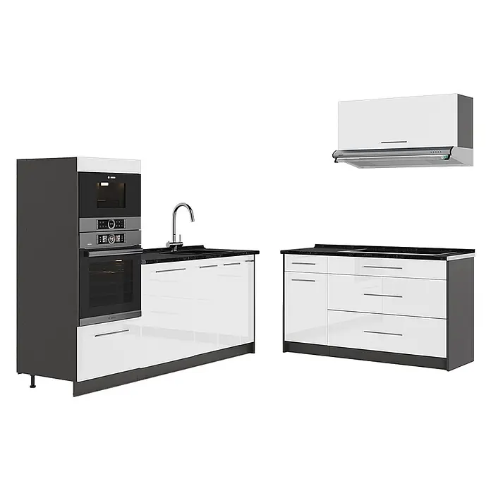 Vicco Küchenzeile - Breite: 340 cm, Weiß Hochglanz, Ohne Elektrogeräte - Weiße Hochglanz-Modulküche mit schwarzen Arbeitsplatten, integriertem Bosch Backofen, Mikrowelle, Spüle, Kochfeld und Dunstabzugshaube.