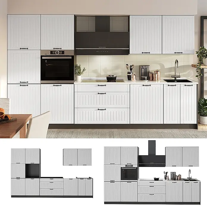 Vicco Küchenzeile - Breite: 340 cm, Weiß Landhaus, Ohne Elektrogeräte - Weiße modulare Küche mit geriffelten Schranktüren, schwarzen Griffen, integriertem Backofen, Kochfeld, Dunstabzug und Spüle.