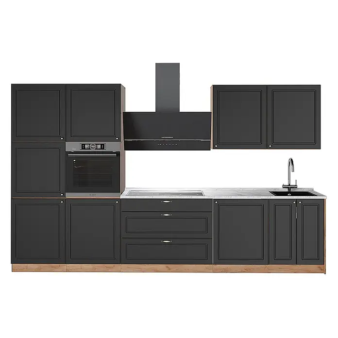 Vicco Küchenzeile - Breite: 340 cm, Anthrazit-Gold Landhaus, Ohne Elektrogeräte - Modulare dunkelgraue Küche mit Backofen, Kochfeld, Spüle und Dunstabzugshaube, heller Arbeitsplatte und Holzsockel.