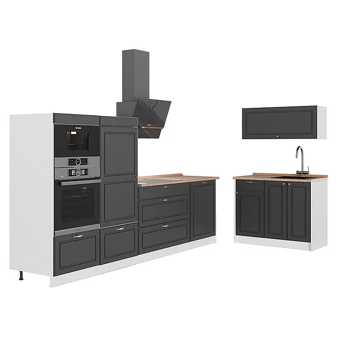 Vicco Küchenzeile - Breite: 380 cm, Anthrazit-Gold Landhaus, Ohne Elektrogeräte - Moderne dunkelgraue Küche mit weißen Seiten, Holztheke, Einbaugeräten und Spüle.