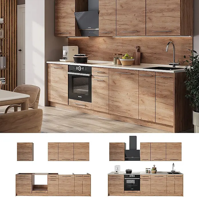 Vicco Küchenzeile - Breite: 280 cm, Goldkraft Eiche, Ohne Elektrogeräte - Modulare Küchenschränke in heller Holzoptik mit integriertem Backofen und Spüle, in modernem Ambiente.