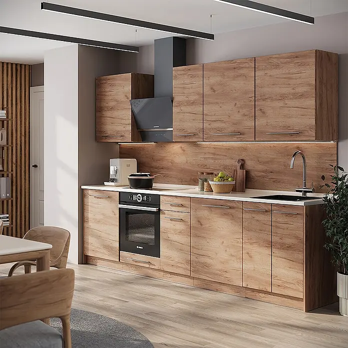 Vicco Küchenzeile - Breite: 280 cm, Goldkraft Eiche, Ohne Elektrogeräte - Moderne Küche mit Holzoptik-Schränken, integriertem Backofen, Kochfeld und Spüle, funktional und stilvoll.