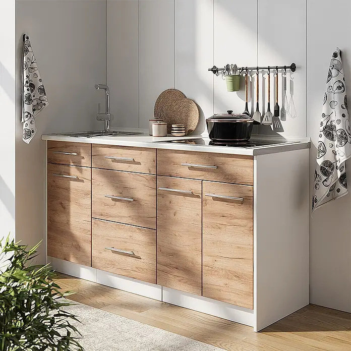 Vicco Küchenleerblock - Breite: 150 cm, Goldkraft Eiche - Kompakte Küchenzeile mit hellen Holzfronten, weißem Korpus, integrierter Spüle und Kochfeld.
