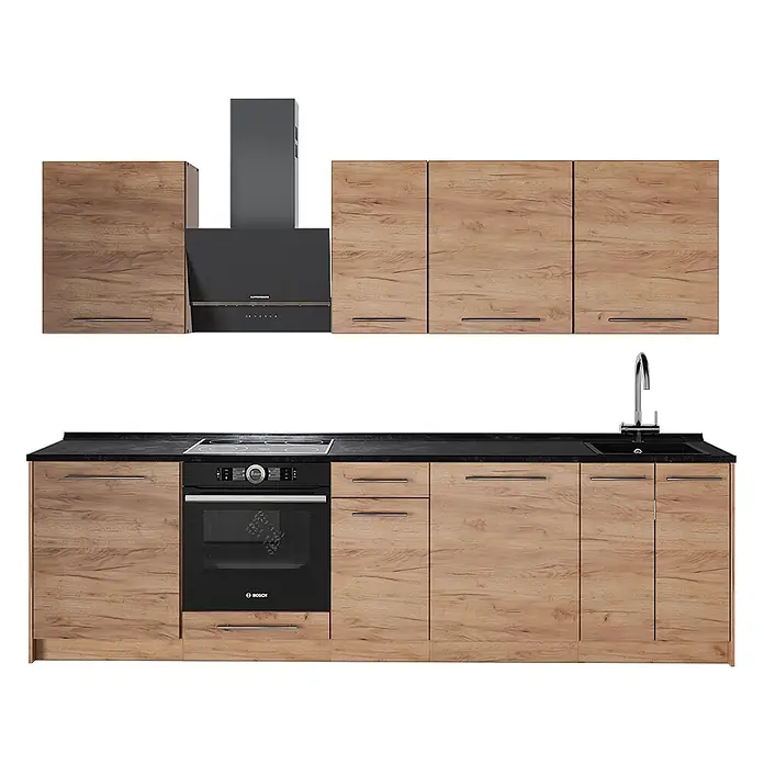 Vicco Küchenzeile - Breite: 280 cm, Goldkraft Eiche, Ohne Elektrogeräte - Moderne Küchenzeile mit hellen Holzoptik-Schränken, schwarzer Arbeitsplatte, Backofen, Kochfeld, Spüle und Dunstabzugshaube.