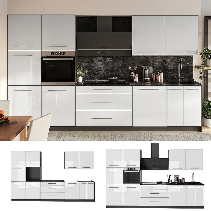 Vicco Küchenzeile - Weiß Hochglanz, Ohne Elektrogeräte - Moderne Küche mit hochglänzenden weißen und hellgrauen Schränken, integrierten Geräten wie Backofen, Kochfeld und Spüle.