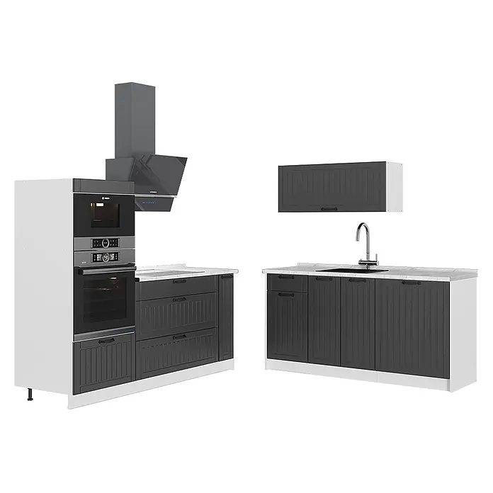 Vicco Küchenzeile - Dunkelgrau, Ohne Elektrogeräte - Dunkelgraue Küchenschränke mit weißer Arbeitsplatte, integriertem Backofen, Mikrowelle, Dunstabzugshaube und Spüle.