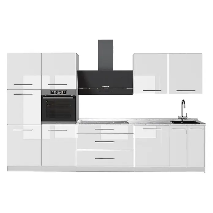Vicco Küchenzeile - Weiß Hochglanz, Ohne Elektrogeräte - Moderne weiße Hochglanzküche mit integriertem Backofen, Kochfeld, schwarzer Dunstabzugshaube und Spüle.