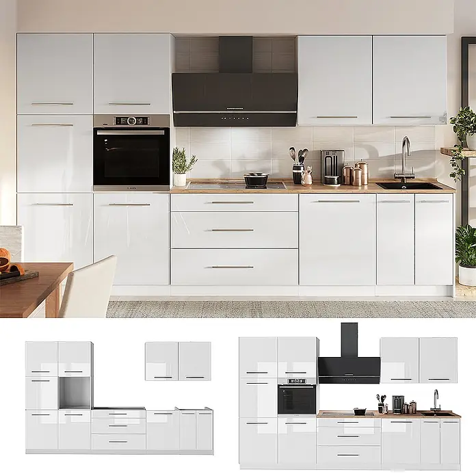 Vicco Küchenzeile - Weiß Hochglanz, Ohne Elektrogeräte - Moderne, hochglänzende weiße modulare Küche mit Holzarbeitsplatten, integriertem Ofen, Kochfeld und Spüle.