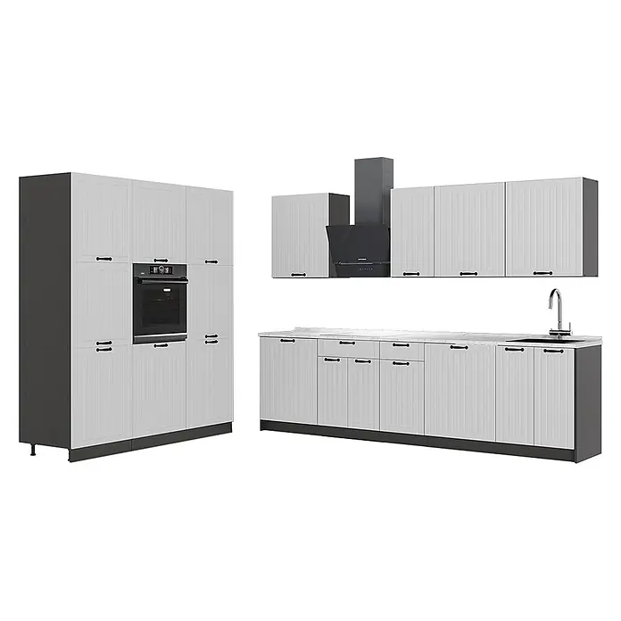 Vicco Küchenzeile - Breite: 460 cm, Weiß Landhaus, Ohne Elektrogeräte - Modulare Küchenzeile mit weißen Paneel-Schränken, schwarzen Rahmen und Griffen, Einbauofen, Spüle und Hängeschränken.