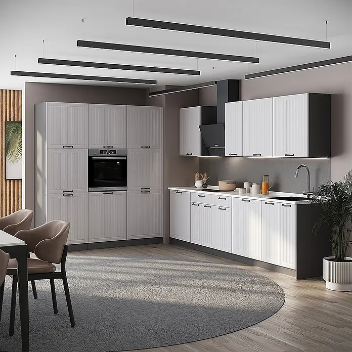 Vicco Küchenzeile - Breite: 460 cm, Weiß Landhaus, Ohne Elektrogeräte - Moderne Küche mit hellgrauen Holzoptik-Schränken, schwarzen Griffen, weißer Arbeitsplatte und integrierten Geräten.