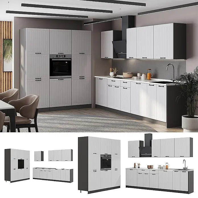 Vicco Küchenzeile - Breite: 460 cm, Weiß Landhaus, Ohne Elektrogeräte - Moderne hellgraue Küche mit weißen Lamellenschränken, dunklen Griffen, Einbaubackofen und L-förmiger Theke mit Spüle. Stilvolles Design.