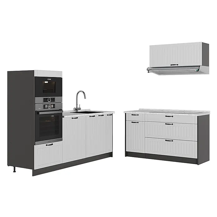 Vicco Küchenzeile - Breite: 340 cm, Weiß Landhaus, Ohne Elektrogeräte - Moderne weiße Küchenschränke mit Lamellenfronten, dunkelgrauen Rahmen, integrierten Bosch-Geräten, Spüle und separater Arbeitsplatte mit Schubladen.