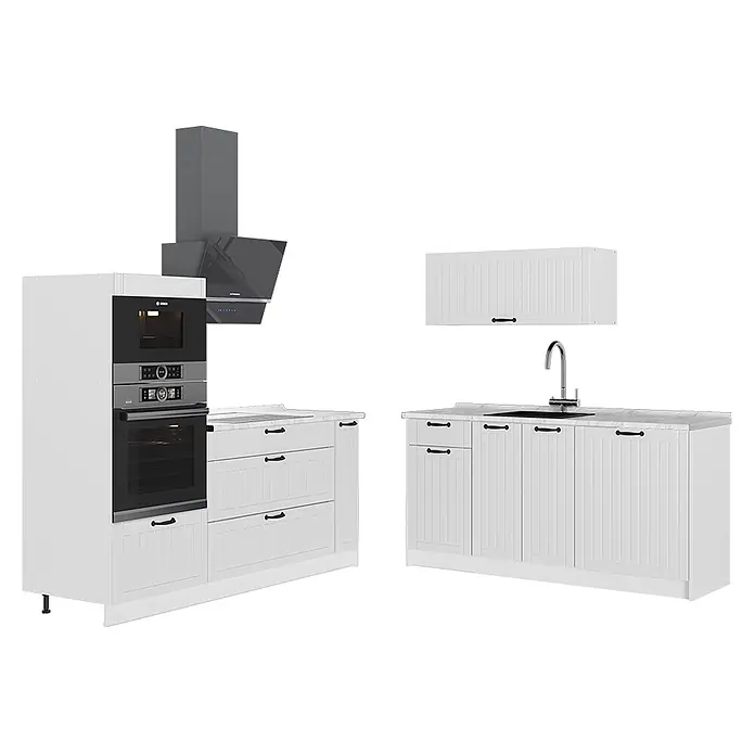 Vicco Küchenzeile - Breite: 340 cm, Weiß Landhaus, Ohne Elektrogeräte - Weiße Küchenzeile mit Backofen, Mikrowelle, Kochfeld, Dunstabzugshaube, Spüle und dunklen Griffen.