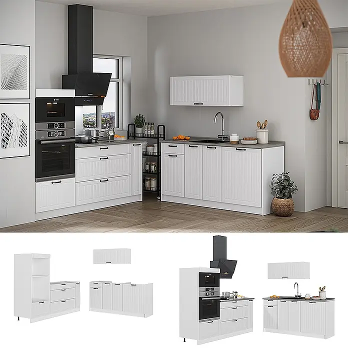 Vicco Küchenzeile - Breite: 340 cm, Weiß Landhaus, Ohne Elektrogeräte - Weiße L-förmige Küche mit grauer Arbeitsplatte, schwarzen Griffen, integriertem Backofen, Kochfeld und Spüle. Modulare Küchenschränke.