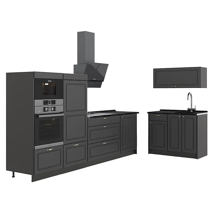 Vicco Küchenzeile - Breite: 380 cm, Anthrazit-Gold Landhaus, Ohne Elektrogeräte - Dunkelgraue modulare Küche mit integriertem Backofen, Mikrowelle, Dunstabzugshaube und Spüle.