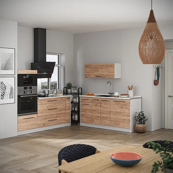 Vicco Küchenzeile - Breite: 340 cm, Goldkraft Eiche, Ohne Elektrogeräte
