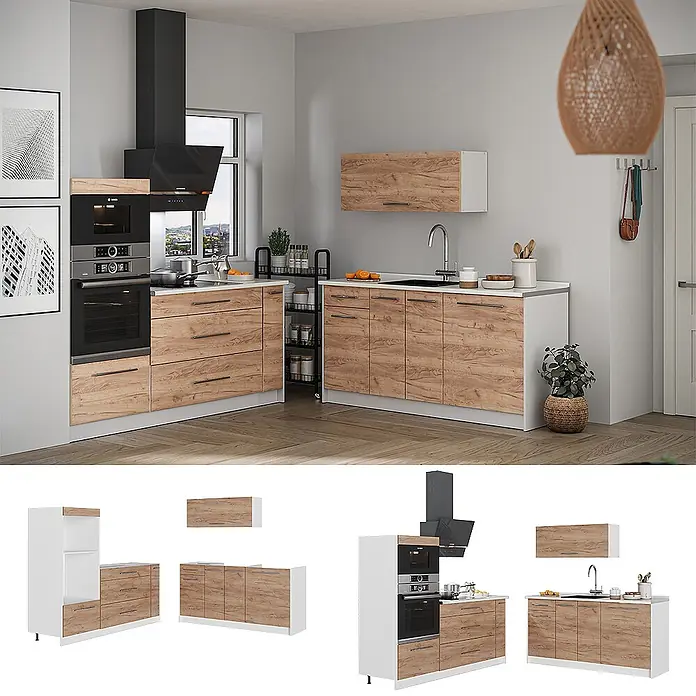 Vicco Küchenzeile - Breite: 340 cm, Goldkraft Eiche, Ohne Elektrogeräte - Modulare Küchenschränke in Holzoptik und Weiß, mit integrierten Geräten, Spüle und Stauraum für eine komplette Kücheneinrichtung.
