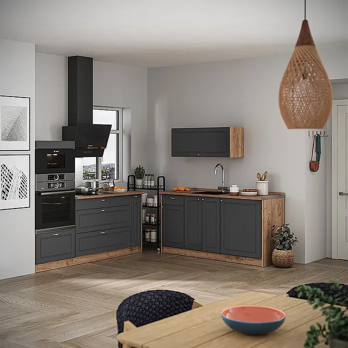 Vicco Küchenzeile - Anthrazit-Gold Landhaus, Ohne Elektrogeräte - Moderne L-Küche mit dunkelgrauen Schränken, Arbeitsplatten und Sockel in Holzoptik, integriertem Backofen, Kochfeld und Spüle.