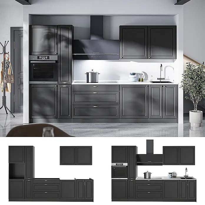 Vicco Küchenzeile - Breite: 310 cm, Anthrazit-Gold Landhaus, Ohne Elektrogeräte - Ein komplettes dunkelgraues Küchenschranksystem mit integriertem Backofen, Dunstabzugshaube und Spüle, im modernen Shaker-Stil.