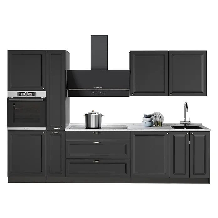 Vicco Küchenzeile - Breite: 310 cm, Anthrazit-Gold Landhaus, Ohne Elektrogeräte - Moderne, dunkelgraue Modulküche mit integriertem Backofen, Kochfeld, Dunstabzugshaube und Spüle, mit heller Arbeitsplatte.