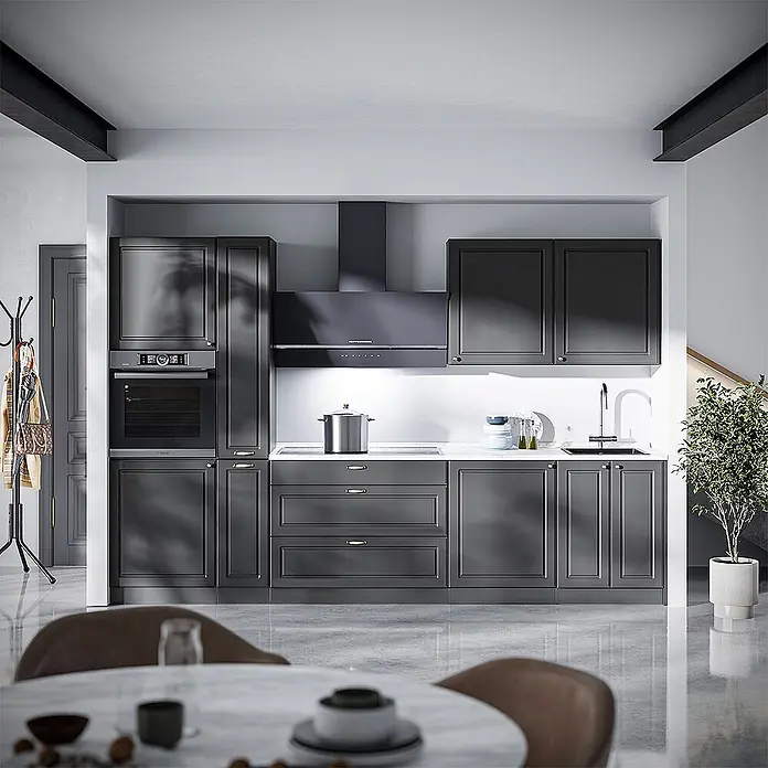Vicco Küchenzeile - Breite: 310 cm, Anthrazit-Gold Landhaus, Ohne Elektrogeräte - Dunkelgraue moderne Küche mit Einbaubackofen, Kochfeld, Dunstabzugshaube und Spüle in zeitgemäßem Ambiente.