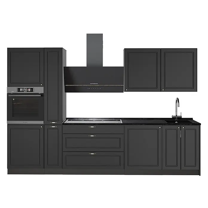 Vicco Küchenzeile - Breite: 310 cm, Anthrazit-Gold Landhaus, Ohne Elektrogeräte - Dunkelgraue moderne Küche mit integriertem Backofen, Kochfeld, Dunstabzugshaube und Spüle.