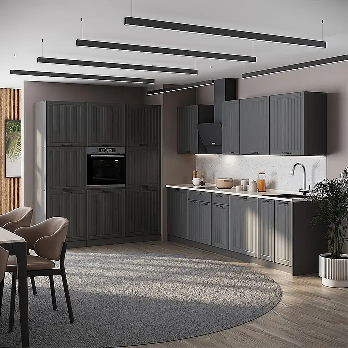 Vicco Küchenzeile - Breite: 460 cm, Dunkelgrau, Ohne Elektrogeräte - Moderne dunkelgraue Küche mit Lamellenschranktüren, integriertem Backofen und Spüle.