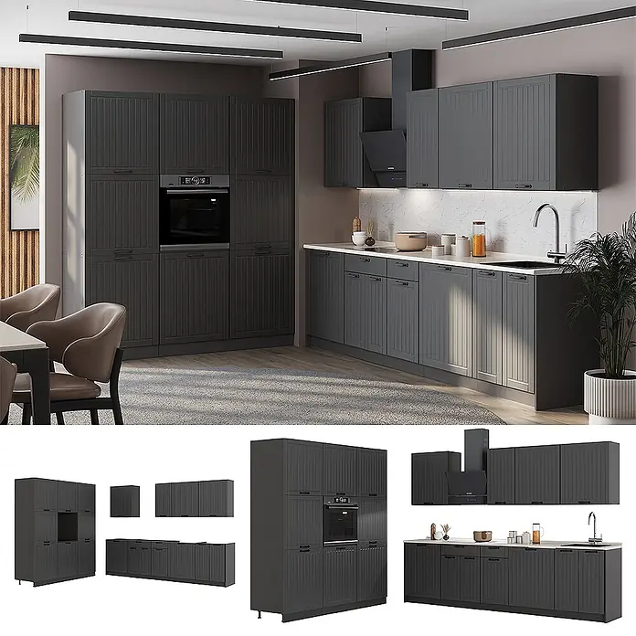 Vicco Küchenzeile - Breite: 460 cm, Dunkelgrau, Ohne Elektrogeräte - Moderne dunkelgraue Küche mit geriffelten Schranktüren, integriertem Backofen, Kochfeld, Spüle und Dunstabzugshaube in einem zeitgenössischen Küchenambiente.