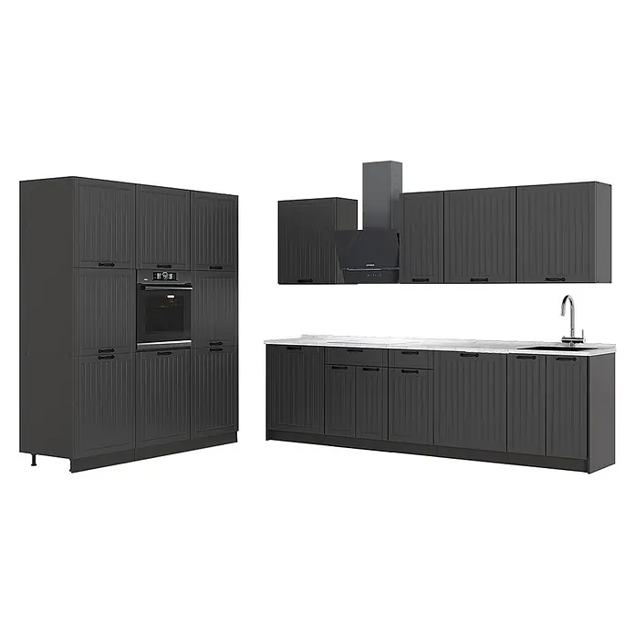 Vicco Küchenzeile - Breite: 460 cm, Dunkelgrau, Ohne Elektrogeräte - Moderne dunkelgraue Küchenzeile mit gerillten Schränken, Backofen, Spüle, Arbeitsplatte und Dunstabzugshaube.